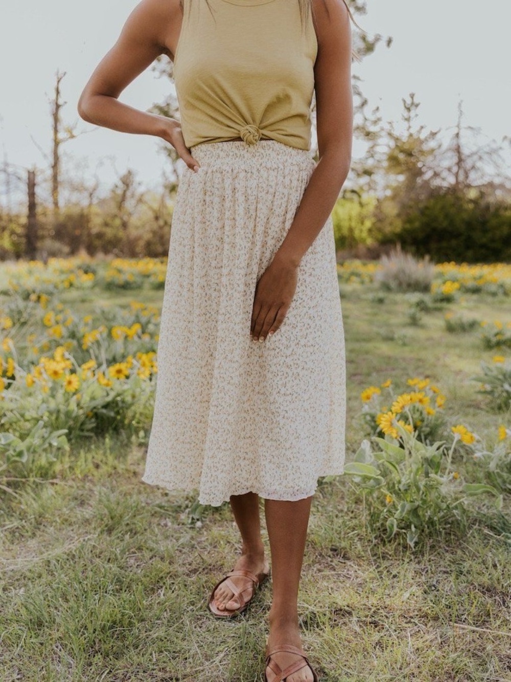 Roolee Cream Midi Skirt with Subtle Floral Print